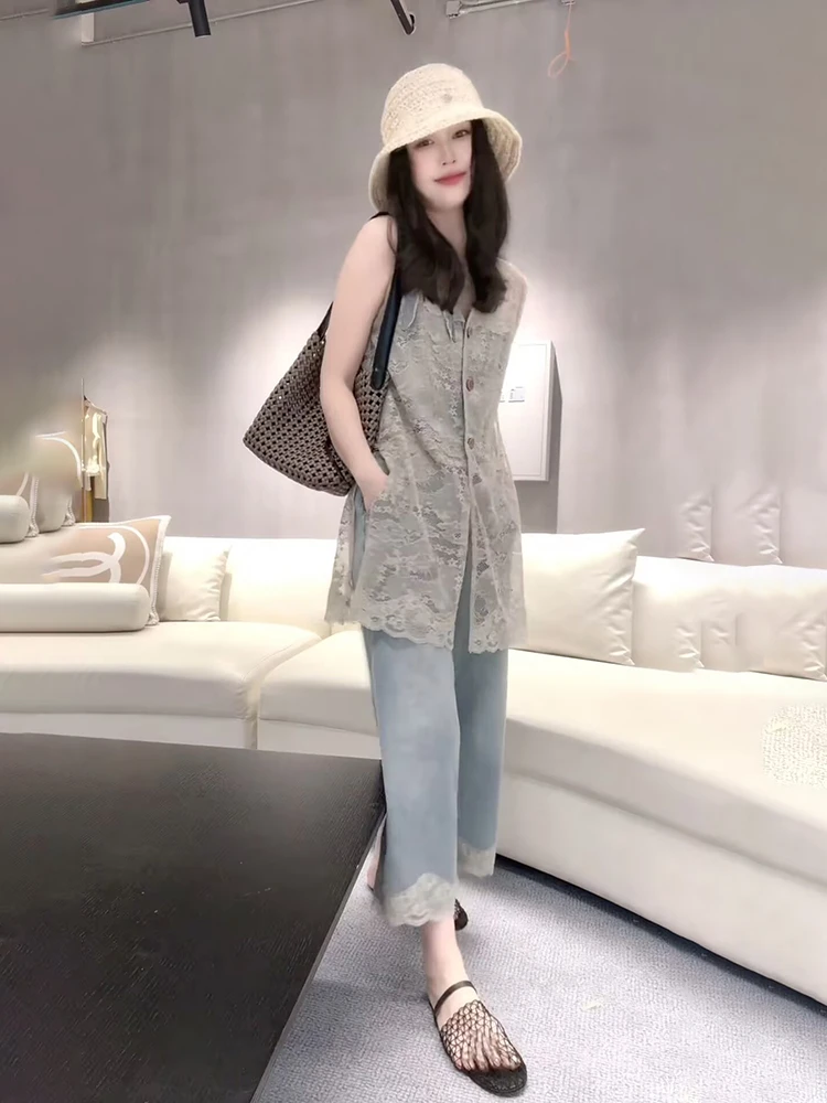 小清新气质一整套设计感拼接牛仔裤甜美蕾丝衫老钱风蕾丝马甲套装