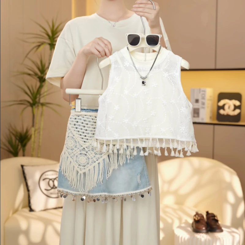 【糖宝魔豆】女童套装2025夏季新款洋气女孩牛仔裙时尚百搭镂空上衣