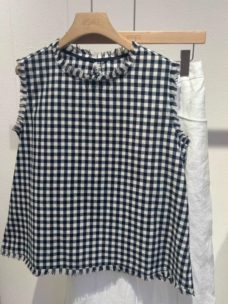 2550经典百搭毛边格子无袖打底