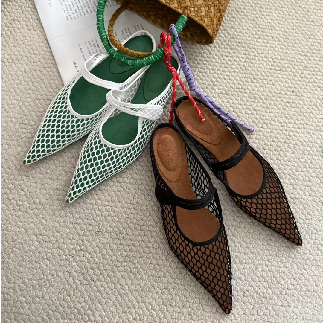 2025春夏新款韩系潮氛围感轻熟风尖头网纱透视一字带单鞋平底半拖