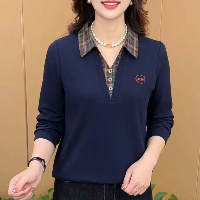 翻领长袖修身型遮肚宽松长袖T恤气质春秋宽松中年假两件上衣