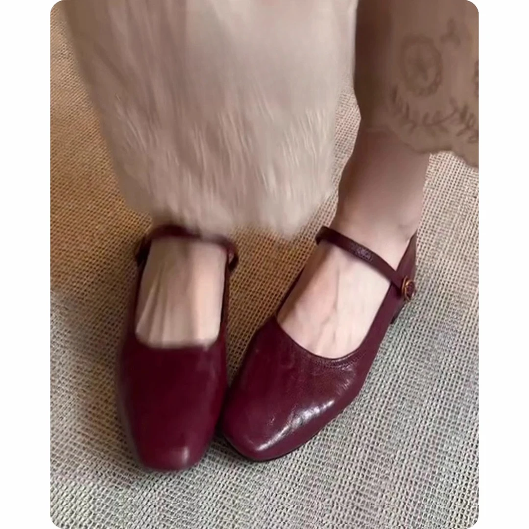 森唔~牛皮真皮法式单鞋平底绝美复古超软晚晚鞋低跟红色玛丽珍鞋