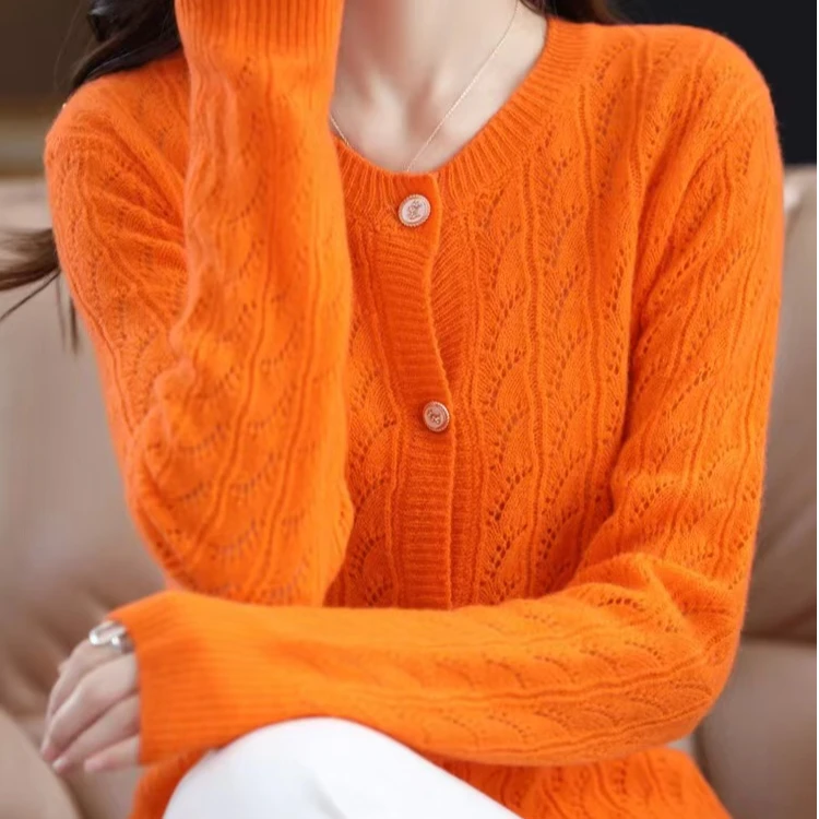 100纯羊毛一线成衣圆领长袖开衫D076清