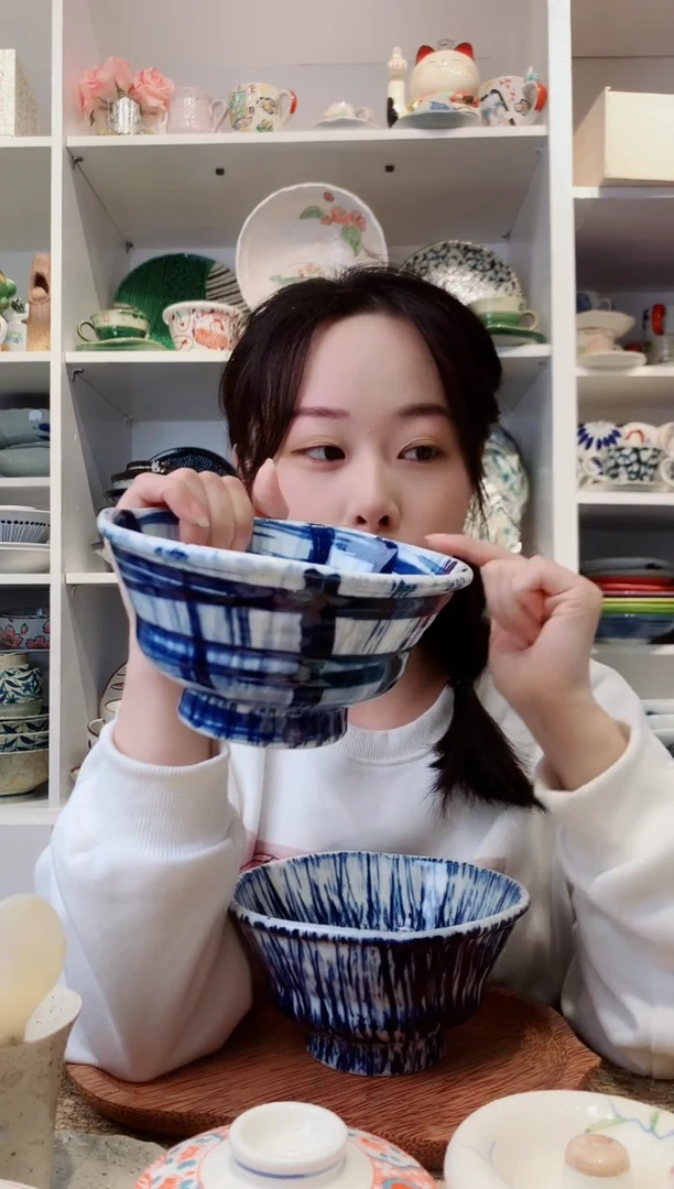 陶瓷濑户烧手绘碧落格纹面碗16cm