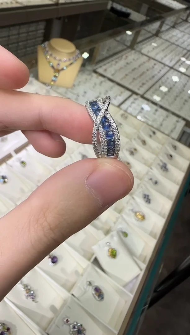 戒指蓝宝石银S925镶嵌排戒设计款