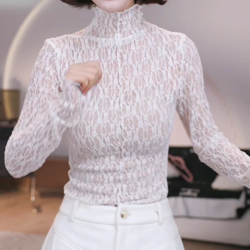 高领蕾丝罩衫打底长款韩系极简穿搭上衣LK2508623