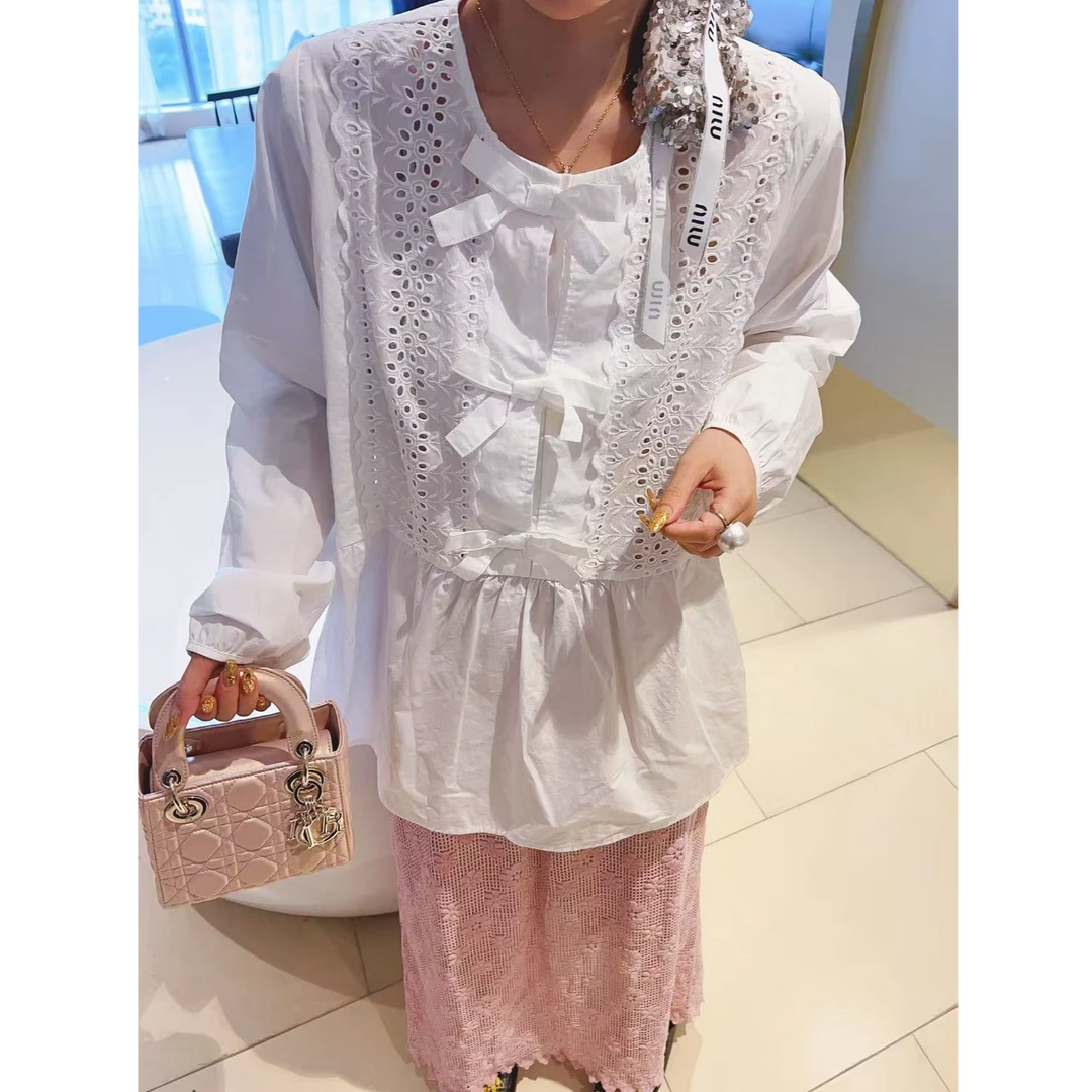 设计感立体蝴蝶结白色衬衫女2025早秋新款宽松镂空蕾丝长袖上衣潮
