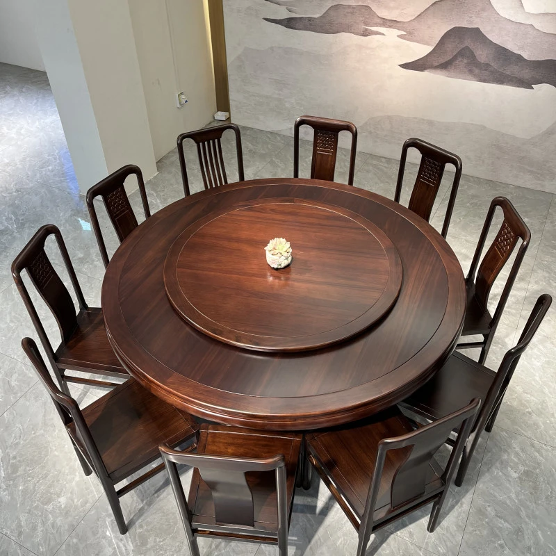 新中式餐桌乌金木圆桌古典全实木餐桌家用实木餐桌客厅乌金木餐桌