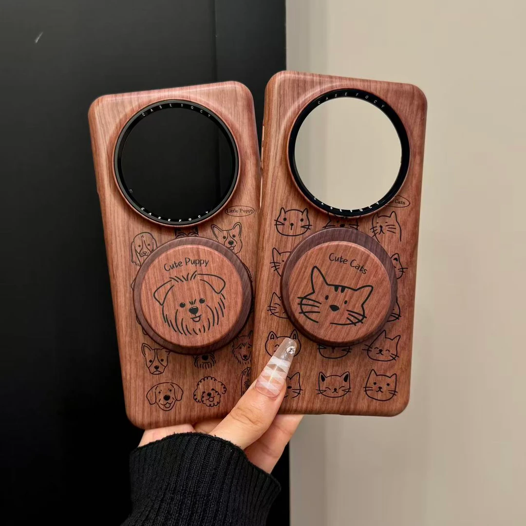 适用华为mate70pro+手机壳木纹线条狗狗猫咪菲林磁吸mate60女款硬