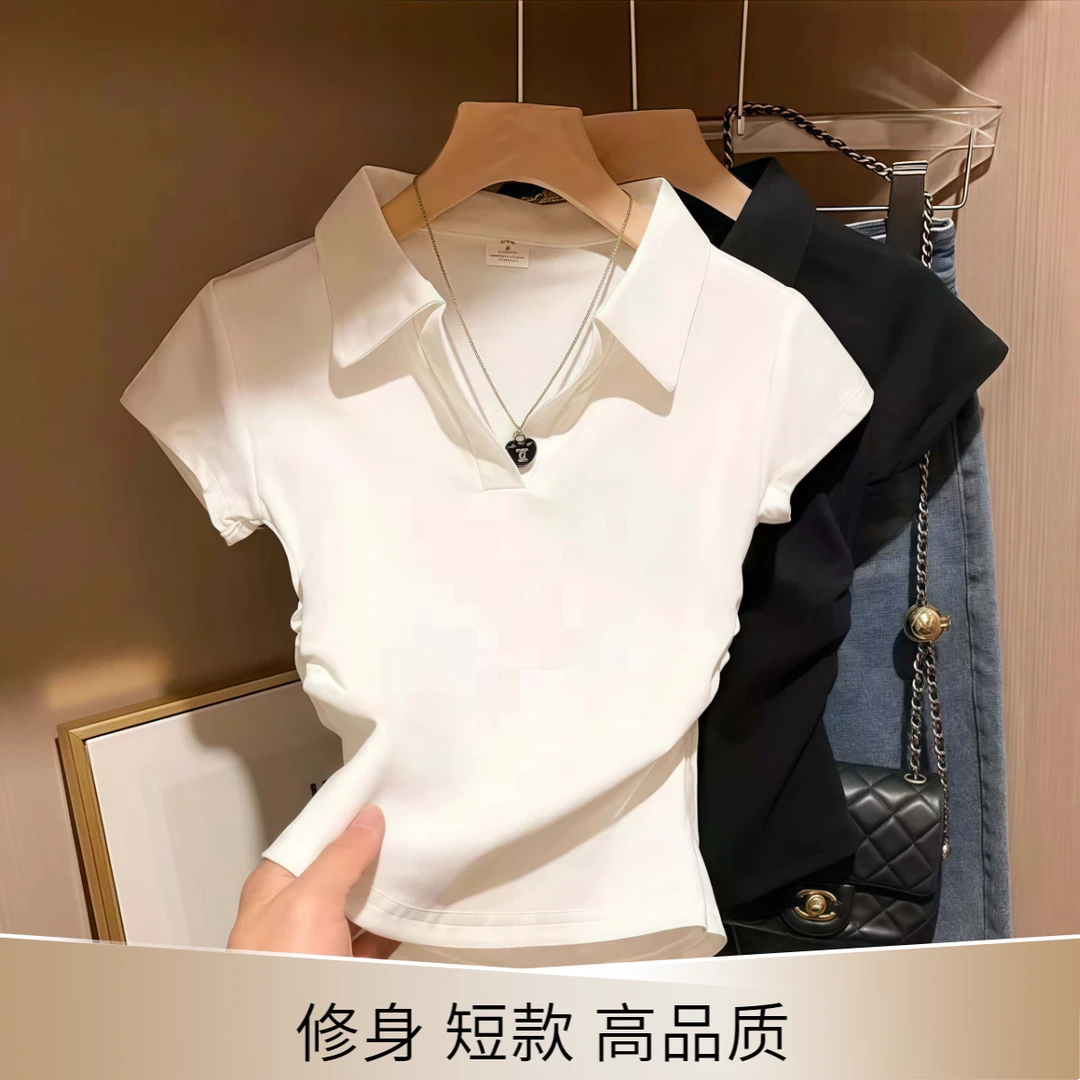 幻城雨专属白色Polo领正肩短袖T恤女夏新款短款收腰修身显瘦潮流
