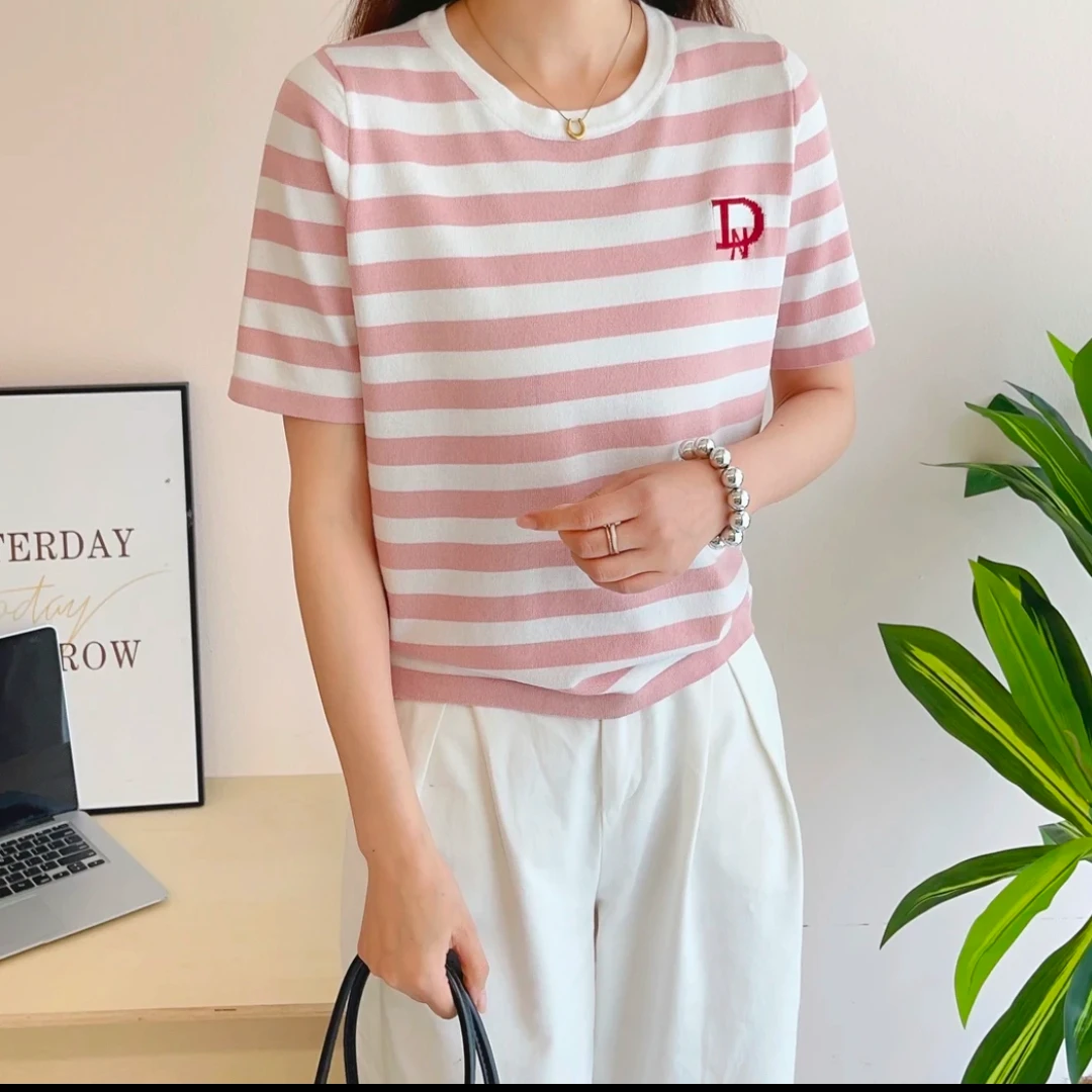 女条纹圆领短袖上衣毛针织衫夏季显瘦撞色水洗