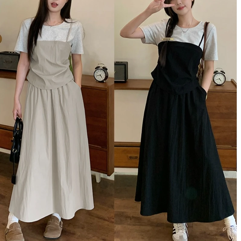 【运费补贴】夏装胖妹妹洋气法式温柔风度假拼色连衣裙套装 20048