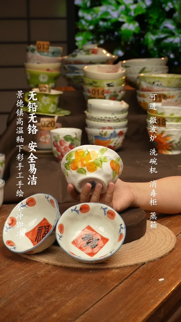 瓷景德镇高温瓷釉下彩手绘陶瓷3只