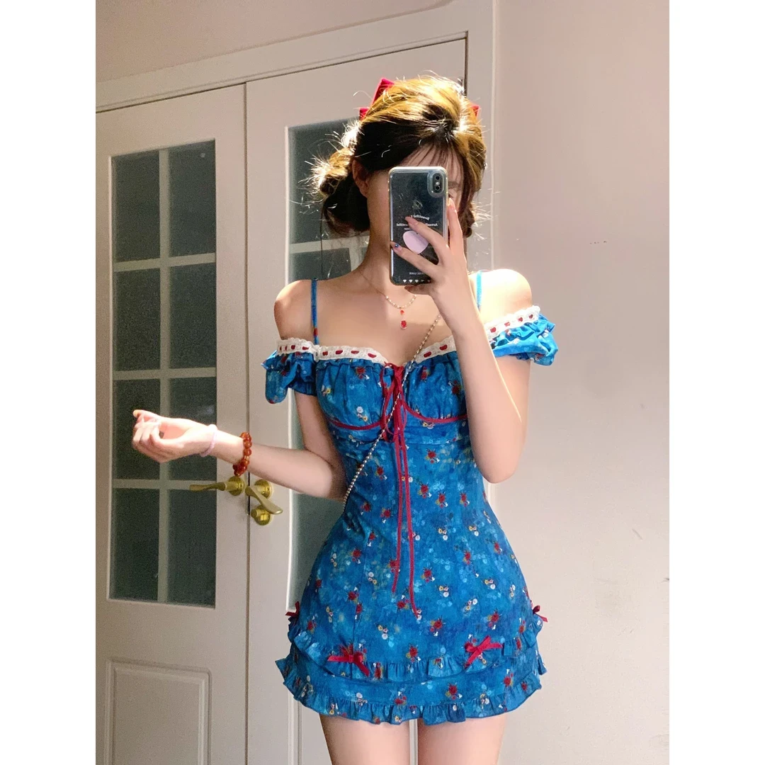 【断码清货】夏季甜美修身a字显瘦蓝色蕾丝碎花短款短袖吊带连衣裙