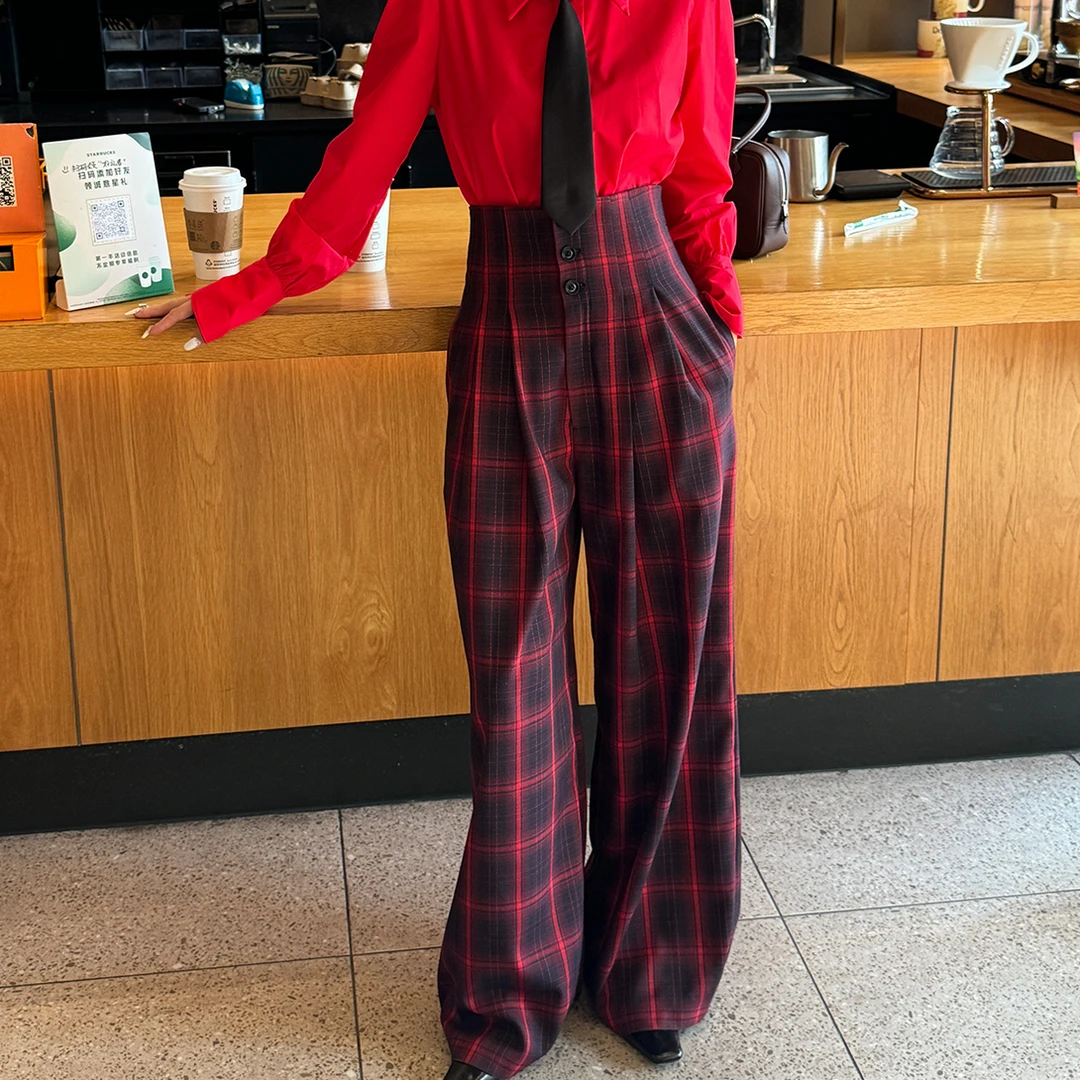 复古红色格子休闲时尚阔腿新款减龄裤子女装设计感 M501K3364