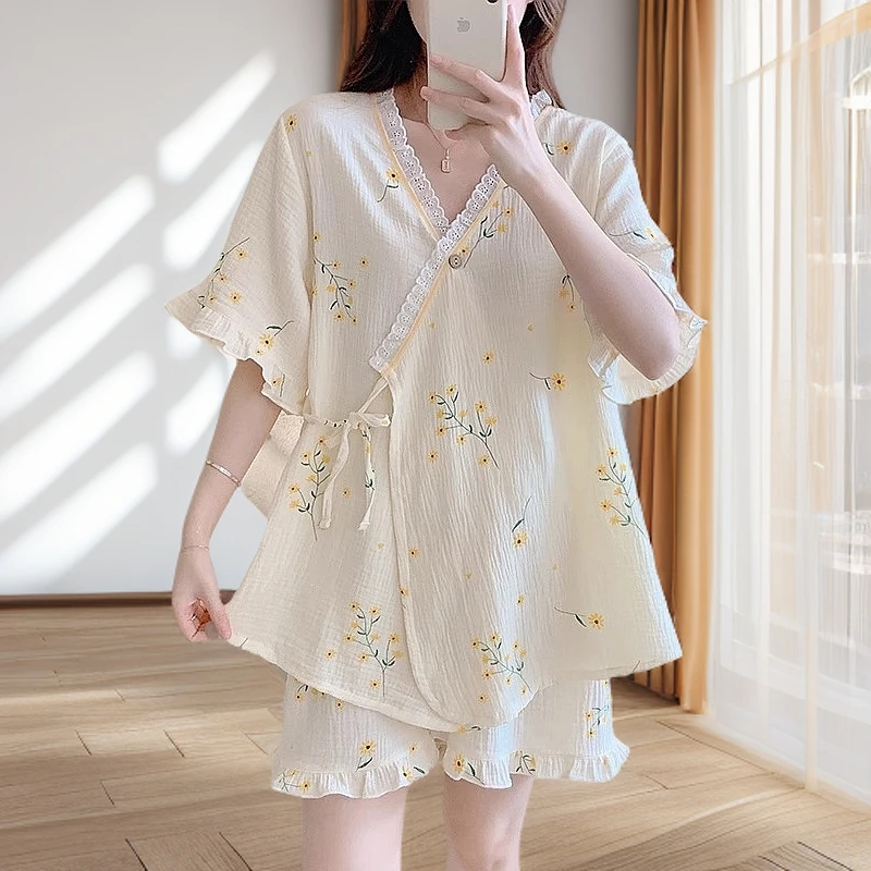 短袖哺乳睡衣女孕妇待产和服绑带纯棉纱布月子服夏季薄款产后喂奶