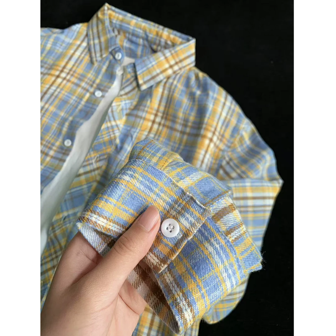 黄蓝撞色格子长袖衬衫男夏季薄款美式复古格纹衬衣情侣休闲薄外套