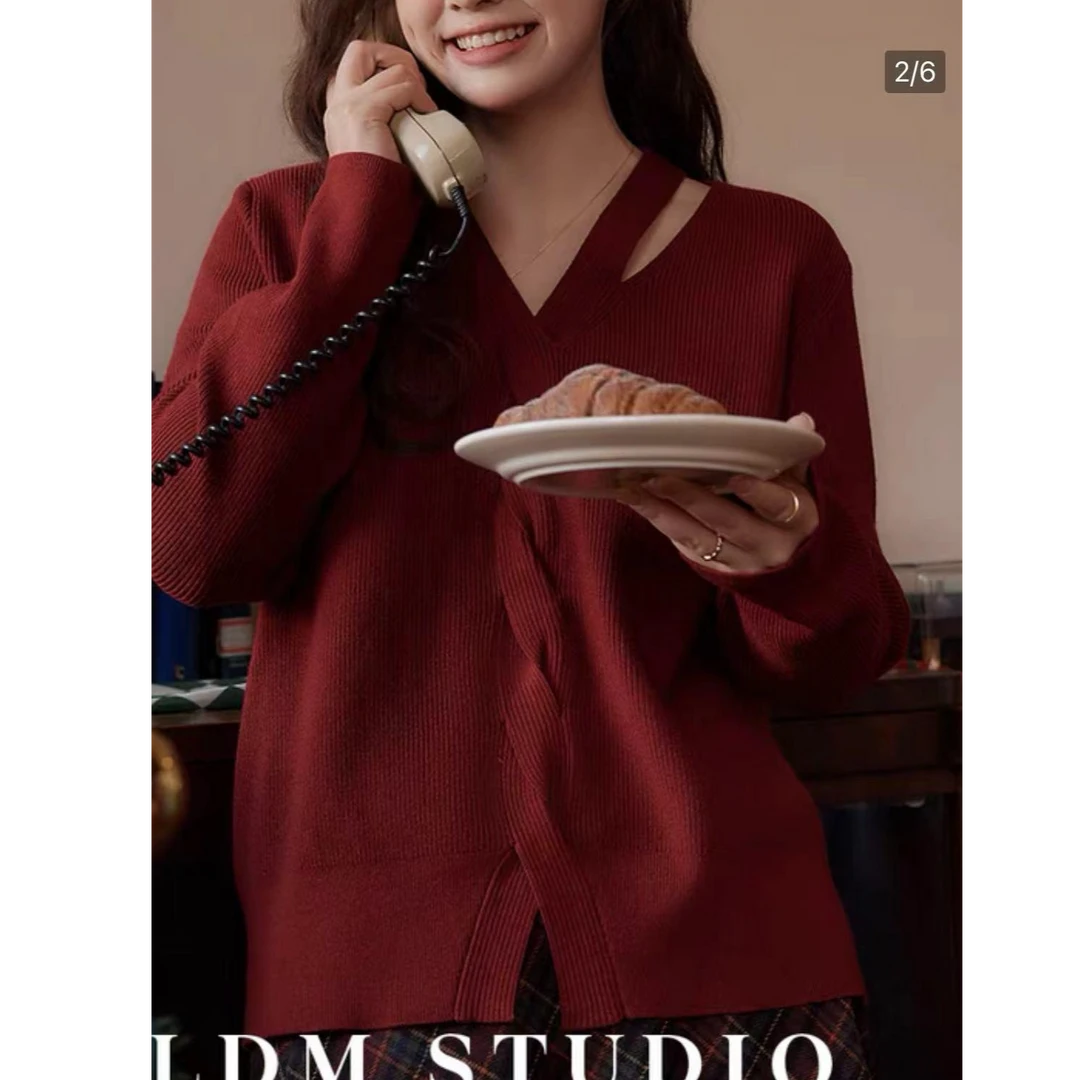 3748大码女装2025春季新款V领简约设计感韩版慵懒风宽松针织毛衣