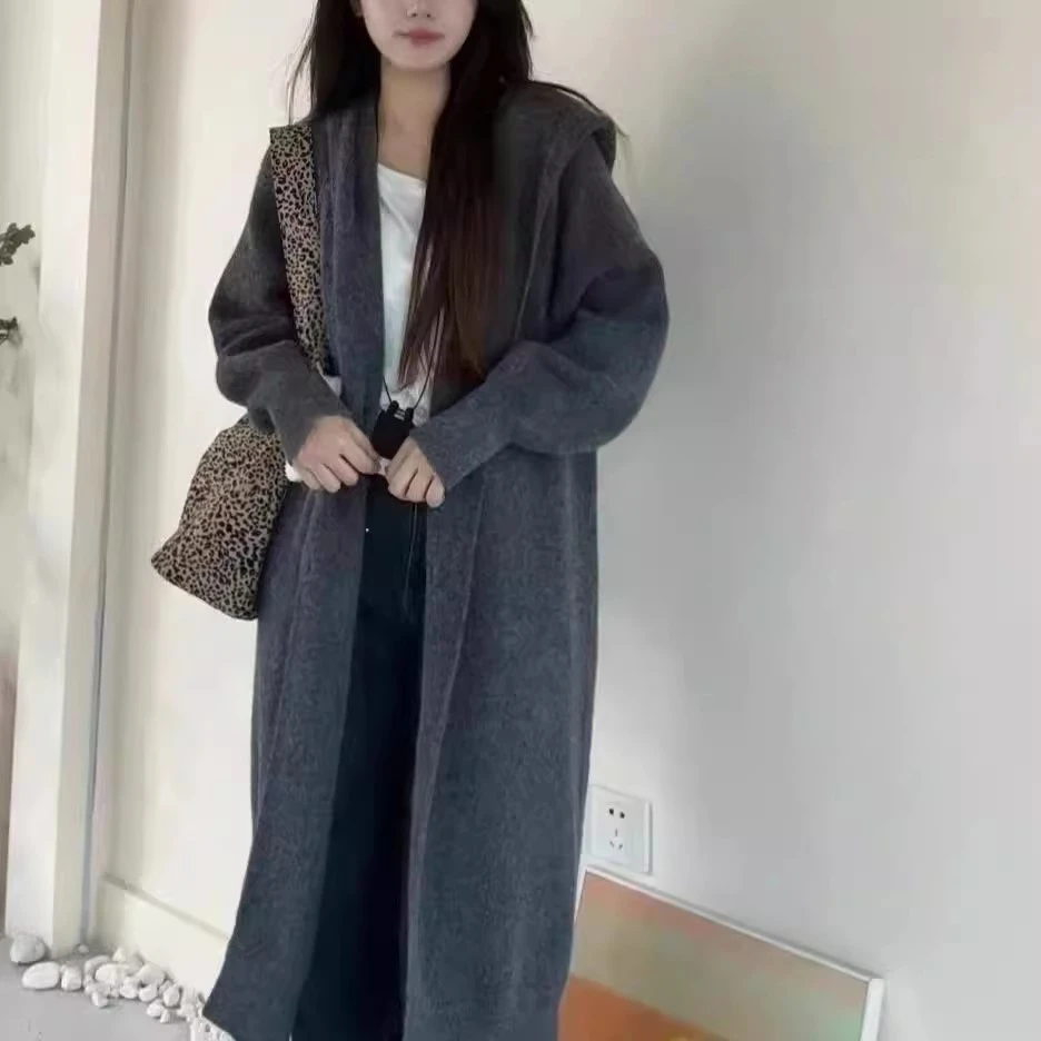 【正版原版】春秋新款针织开衫女中长款大码毛衣外套连帽洋气衣服女