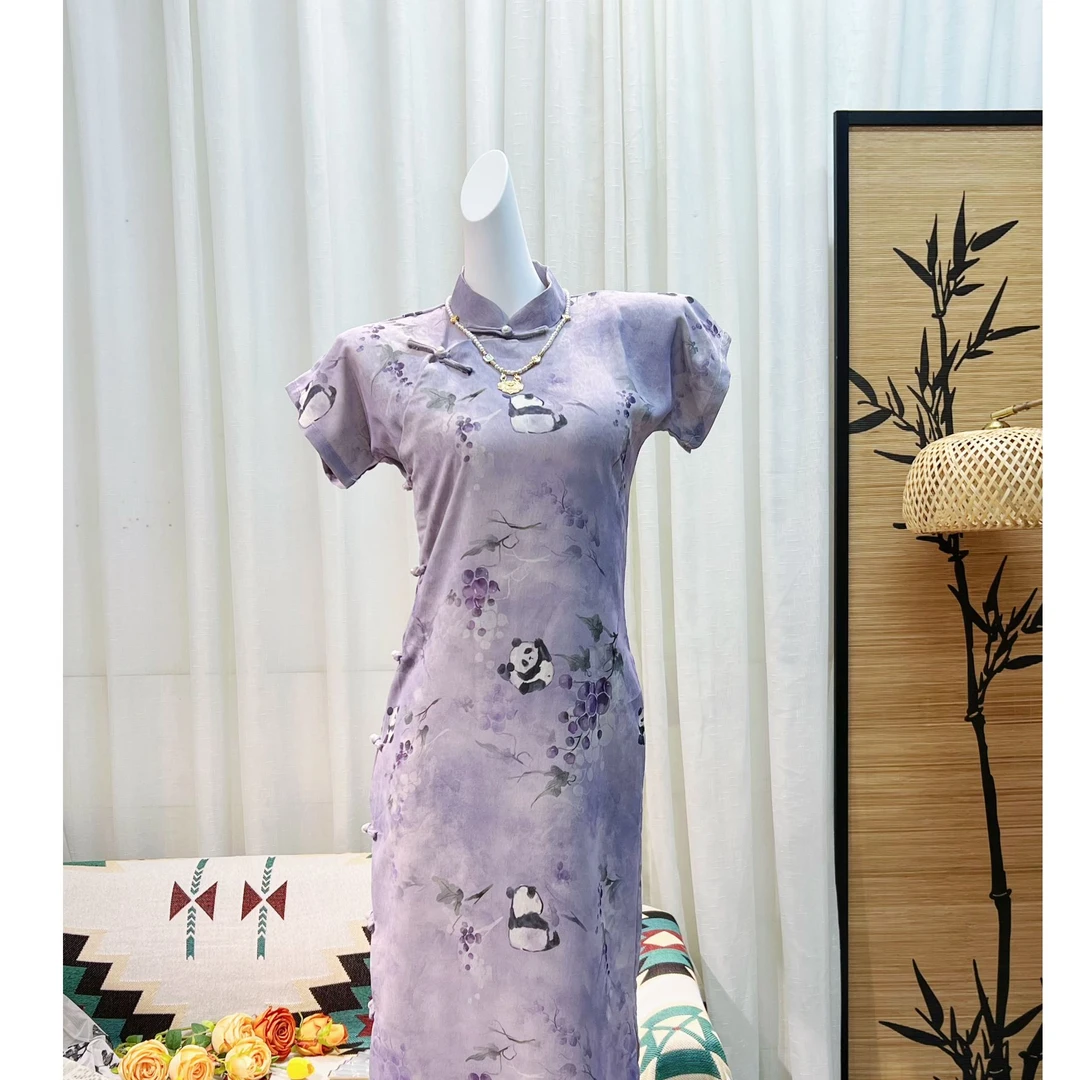 【可爱熊】古法全开襟紫色晕染旗袍女改良年轻款文艺连衣裙6022