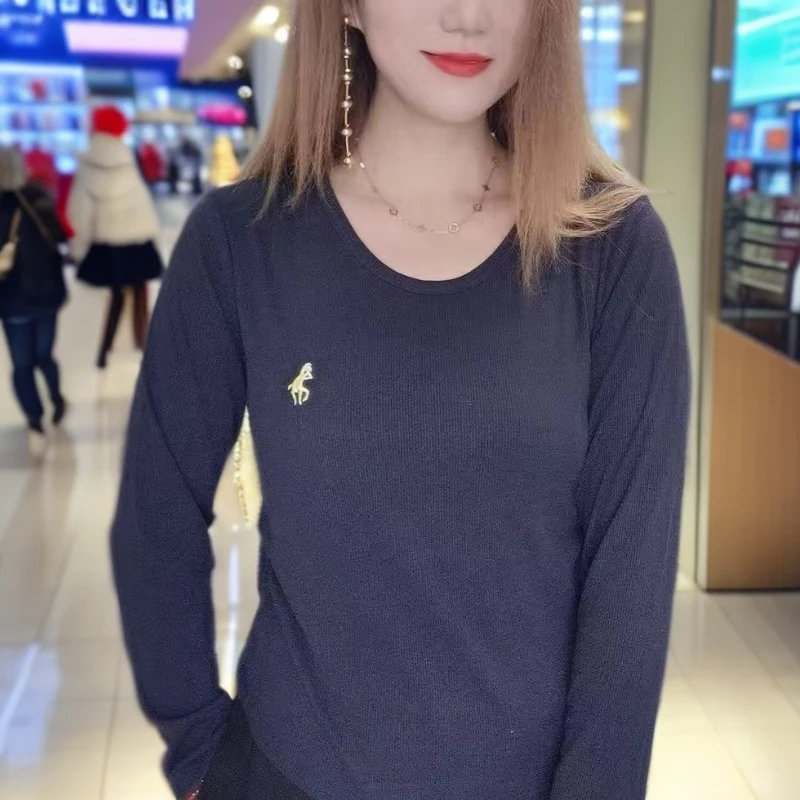 长袖2025秋季新款设计感小蛮腰修身显瘦刺绣圆领T恤打底衫外穿女