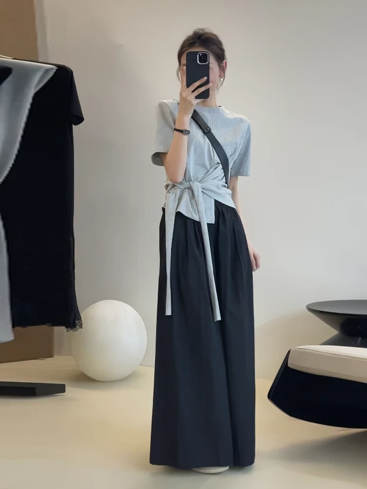 夏季穿搭一整套大码胖mm收腰绑带上衣阔腿裤子韩系气质休闲套装女