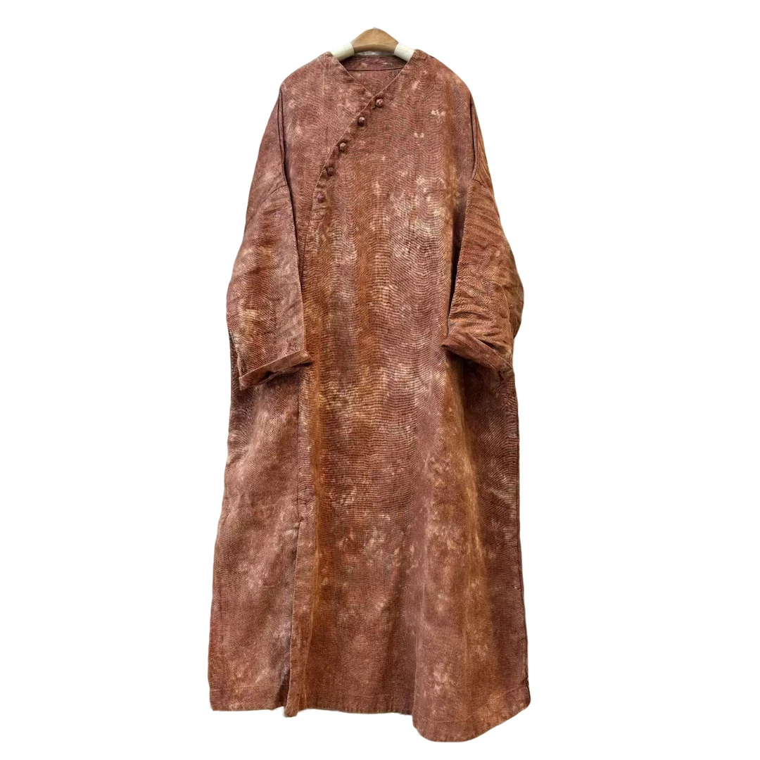 【几念原创】2025春款上新亚麻扎染连衣裙气质复古设计师中长款3622