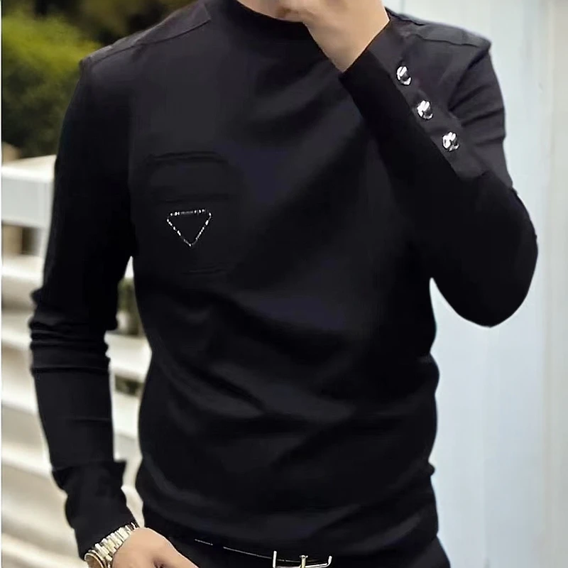 欧货轻奢高品质男士简约流行黑色商务休闲圆领长袖简约帅气打底衫