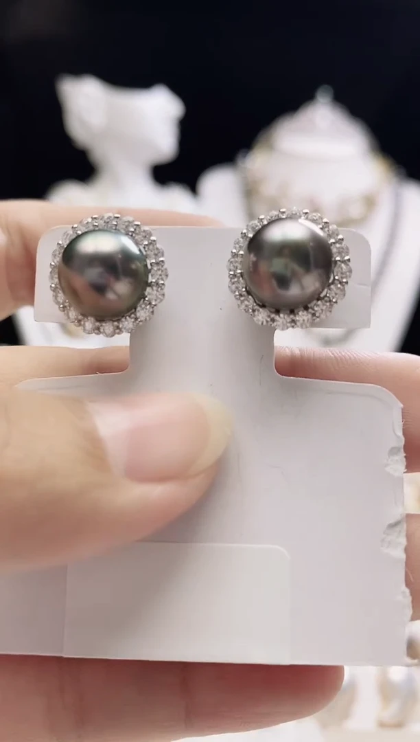 银S925镶嵌耳钉海水珍珠大溪地珍珠耳钉