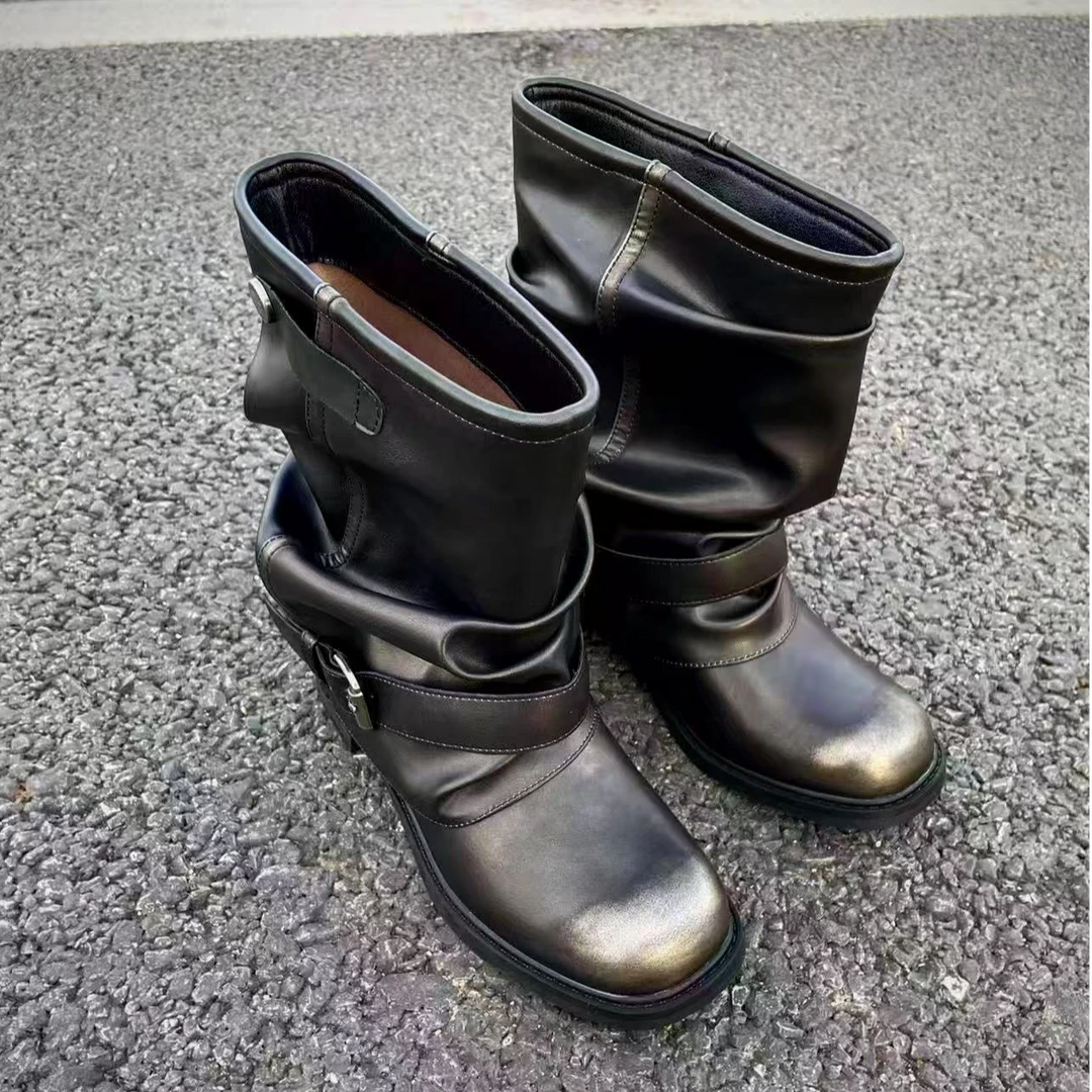 牛皮版复古裤管堆堆短靴女2025新款粗跟褶皱废土风西部牛仔马丁靴
