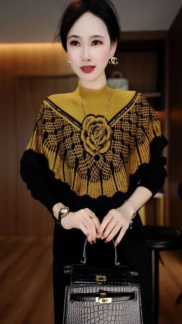 秋冬新款时尚气质提花烫钻女士针织衫洋气显瘦保暖毛衣打底衫上衣