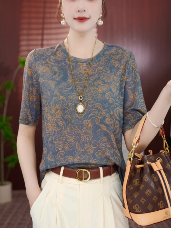 TX003杭州原版2025新款T恤“祥云”宽松夏薄短袖t时尚上衣打底衫女