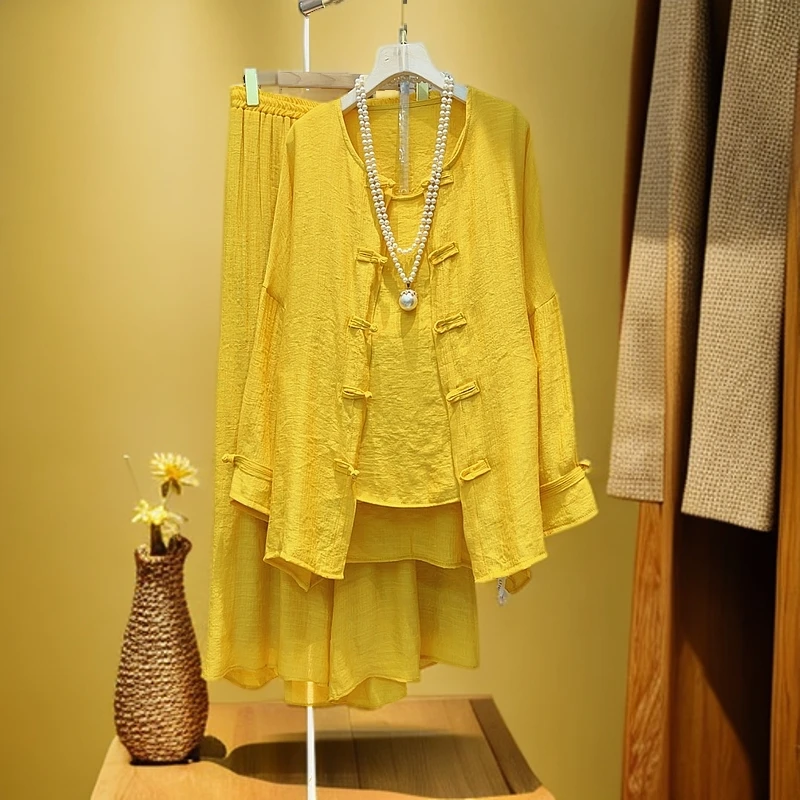 欧洲站春夏新款大码女装三件套盘扣外套宽松长袖阔腿裤显瘦气质