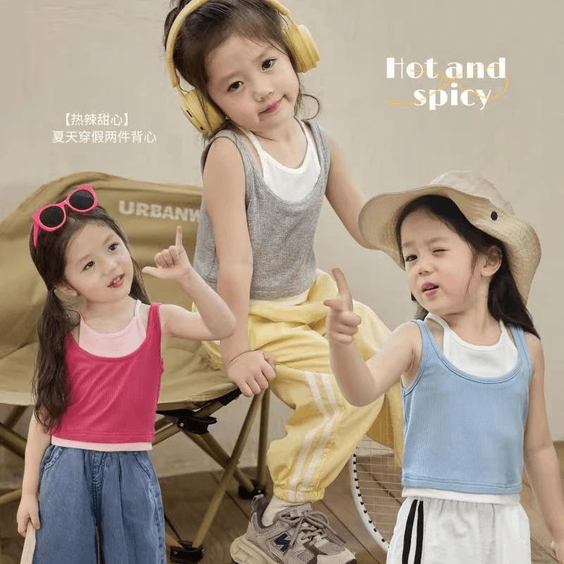 女童假两件莫代尔吊带背心夏季中小宝宝上衣洋气时尚薄款衣服外穿