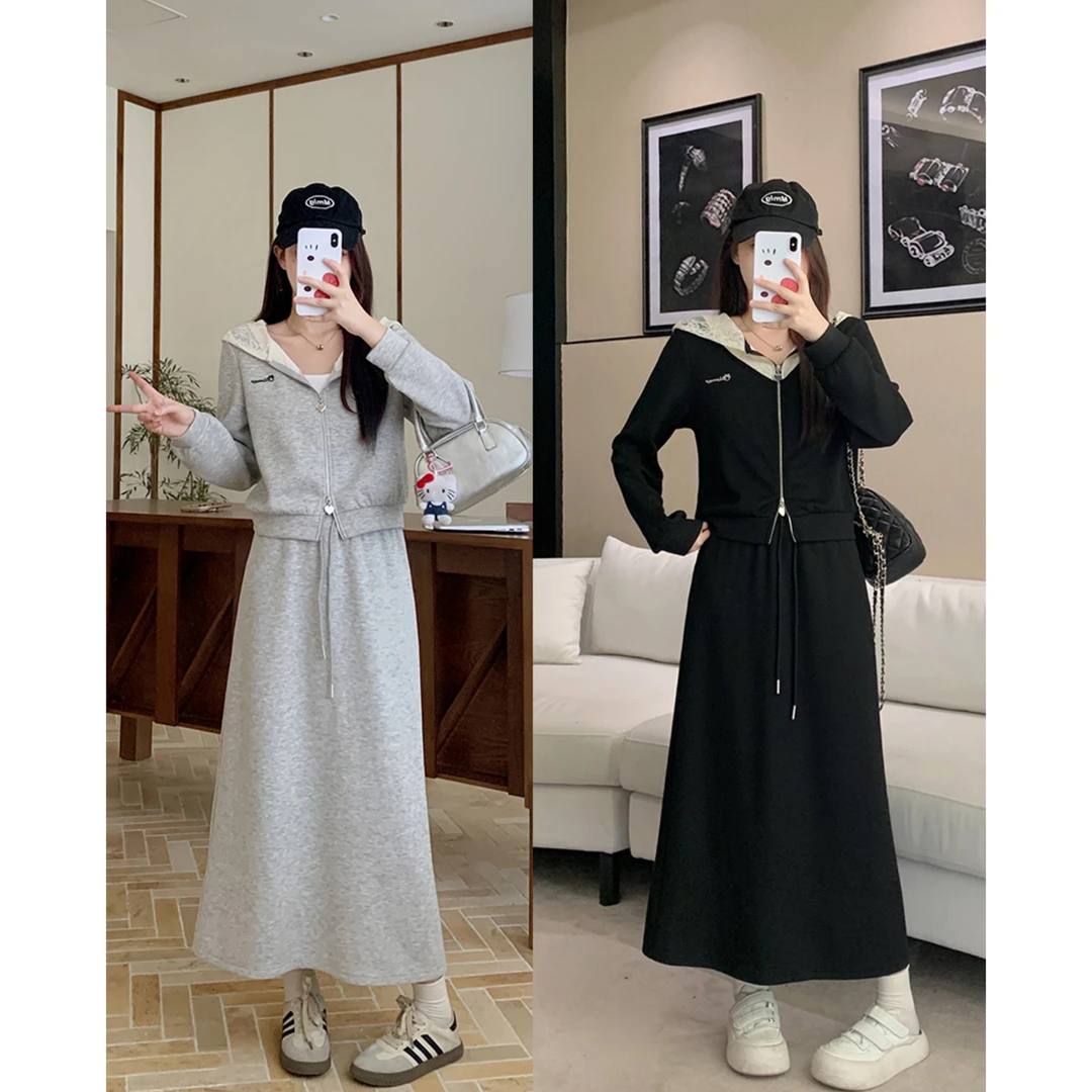 2025秋胖mm大码女装黑色蕾丝拼接连帽卫衣外套半身裙两件套64171