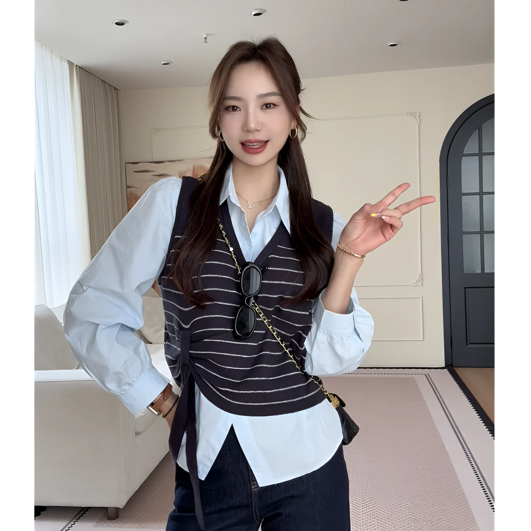 【余欢欢】秋季时尚百搭通勤针织背心衬衫两件套-YHW50707