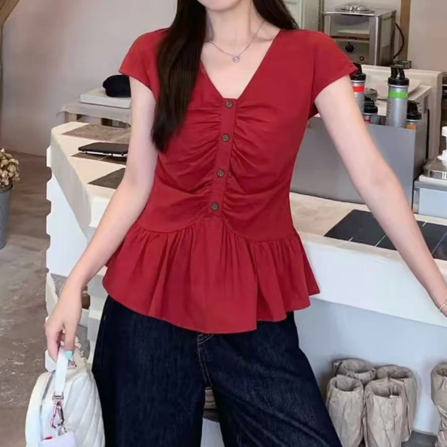 2025夏季新款时尚百搭V领褶皱小衫小众显瘦衬衫洋气上衣8818长57
