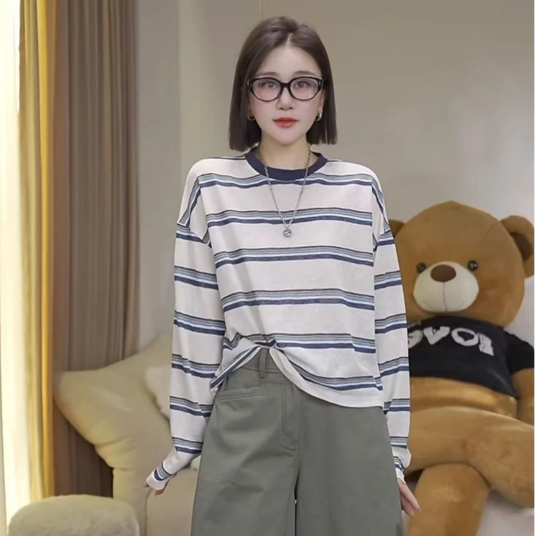 JW/静稳2025时尚宽松百搭休闲女款减龄长袖条纹T恤5551268