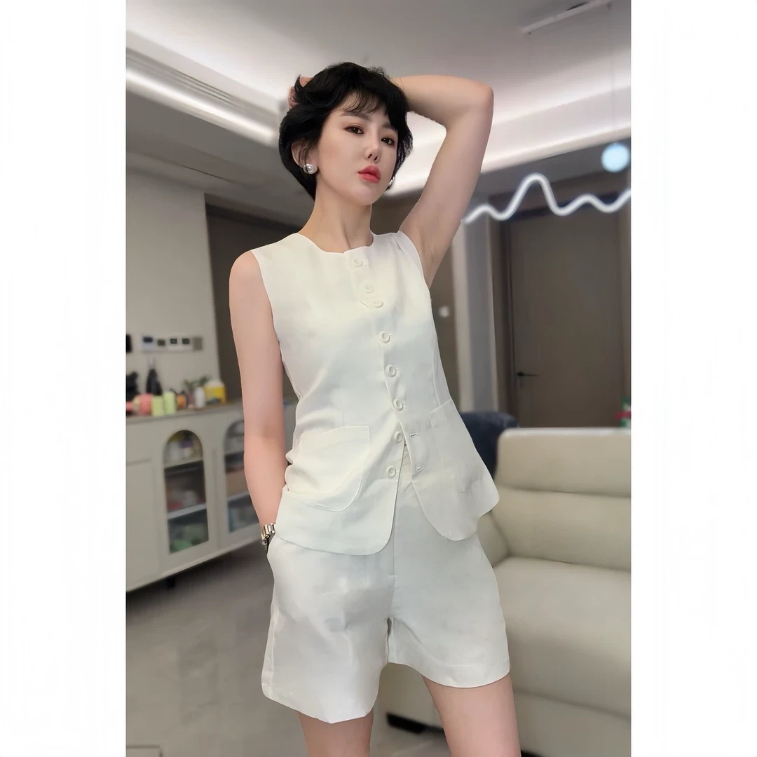 老钱风修身法式小香风无袖马甲套装女夏季薄款气质纯色短裤两件套