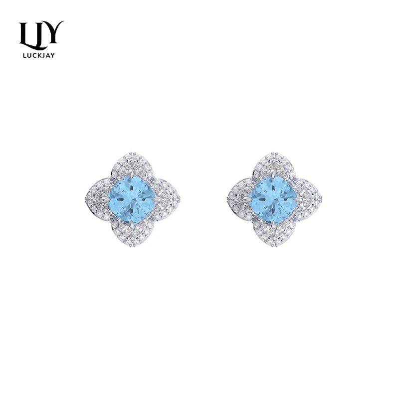 LUCKJAY 925银合成锆石耳饰 满钻重工四叶草冰蓝色耳钉精致轻奢款