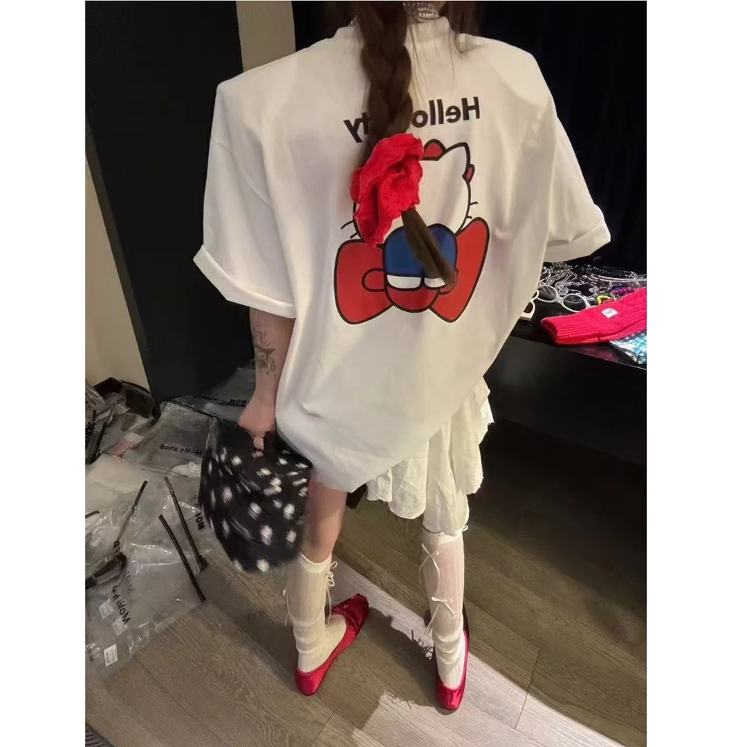 卡通kitty蝴蝶结字母印花宽松圆领短袖T恤