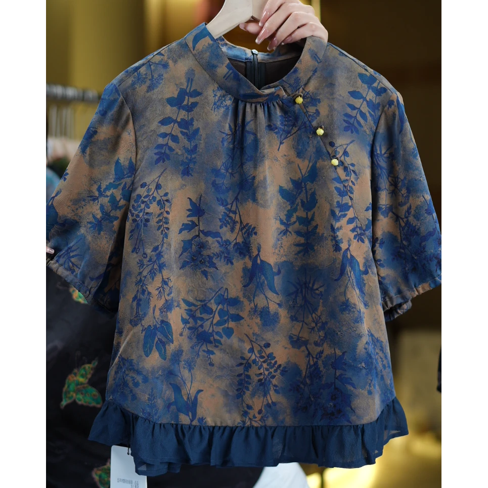 叶吟《非遗美学》1532新中式减龄叶纹斜襟时尚短袖上衣