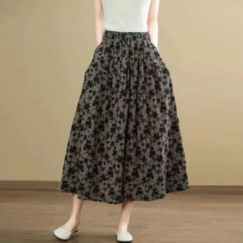 【有口袋】2025新款棉麻半身裙夏季中长款碎花显瘦高腰春夏裙子