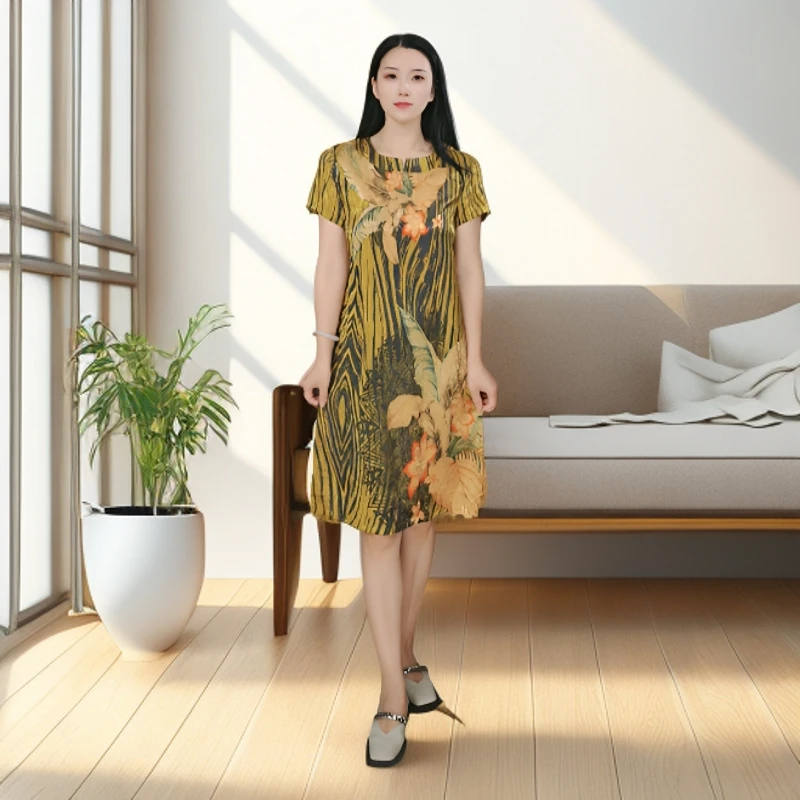 10489-新中式连衣裙夏季新款宽松印花妈妈中长款裙子【C18-4-4】