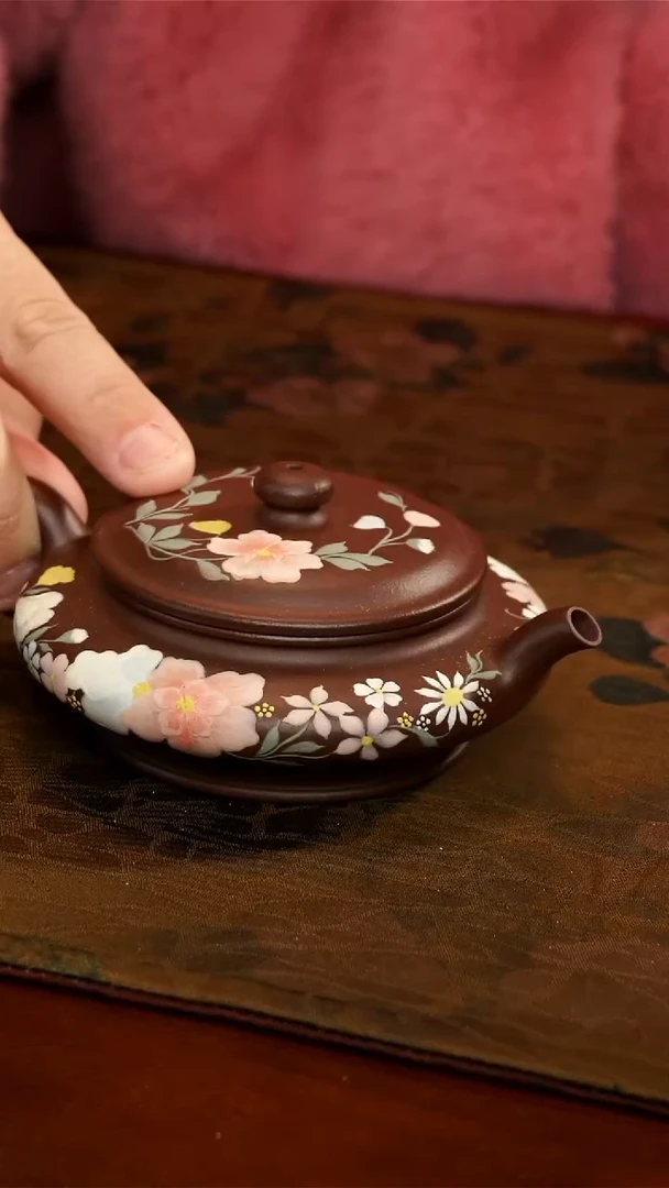 茶壶紫砂紫泥花花虚扁壶
