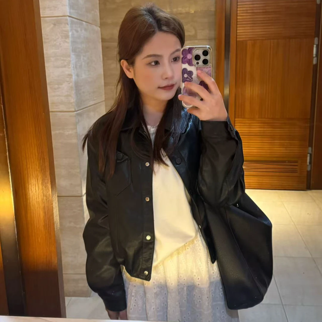 小个子短款皮衣外套女款黑色春款短款宽松长袖