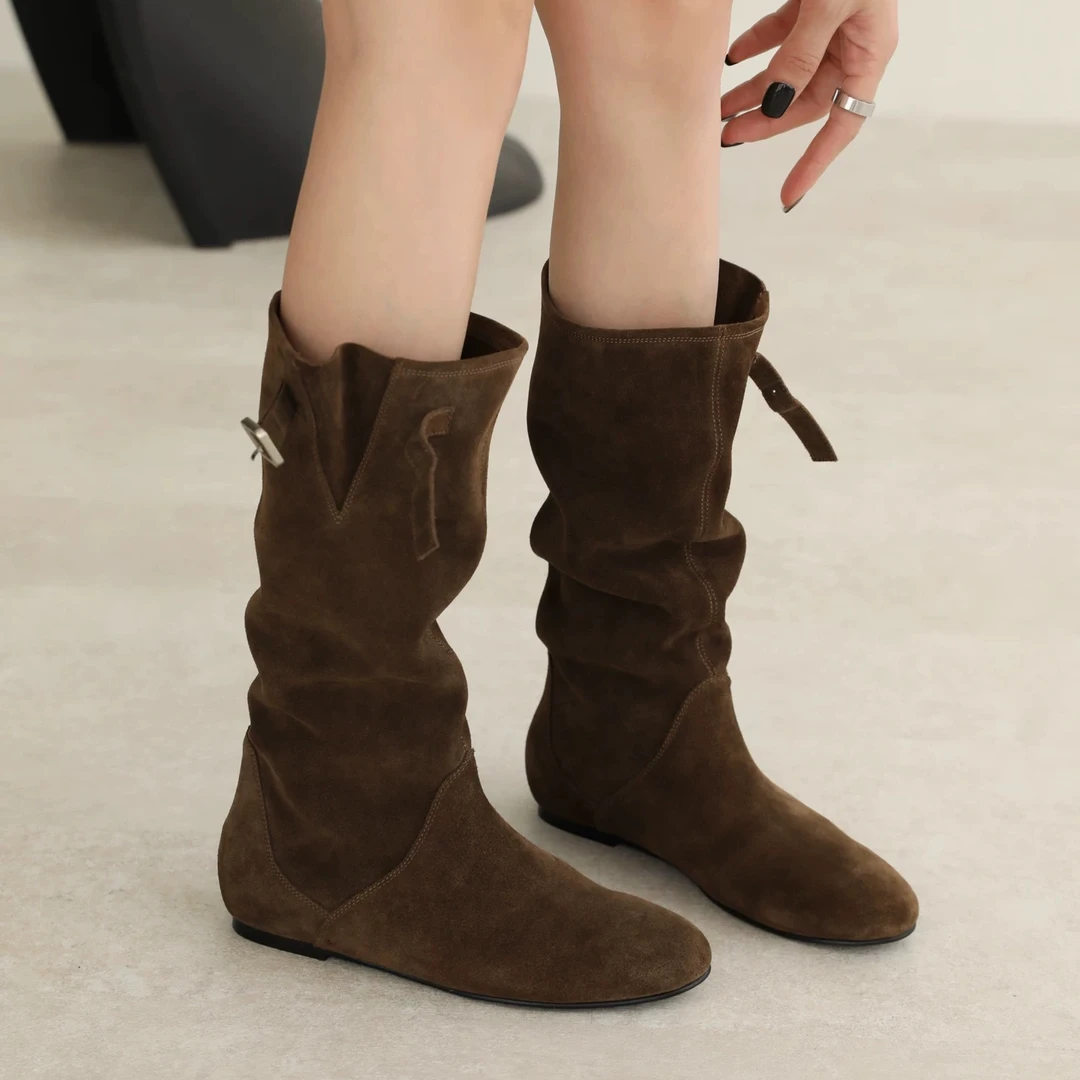 新款复古长靴软皮堆堆靴女2024新款显瘦百搭西部靴内增高马丁靴