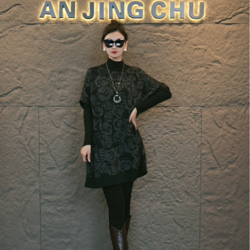 33 AN JING CHU气质显瘦轻奢套头秋冬连衣裙时尚绿色针织女装