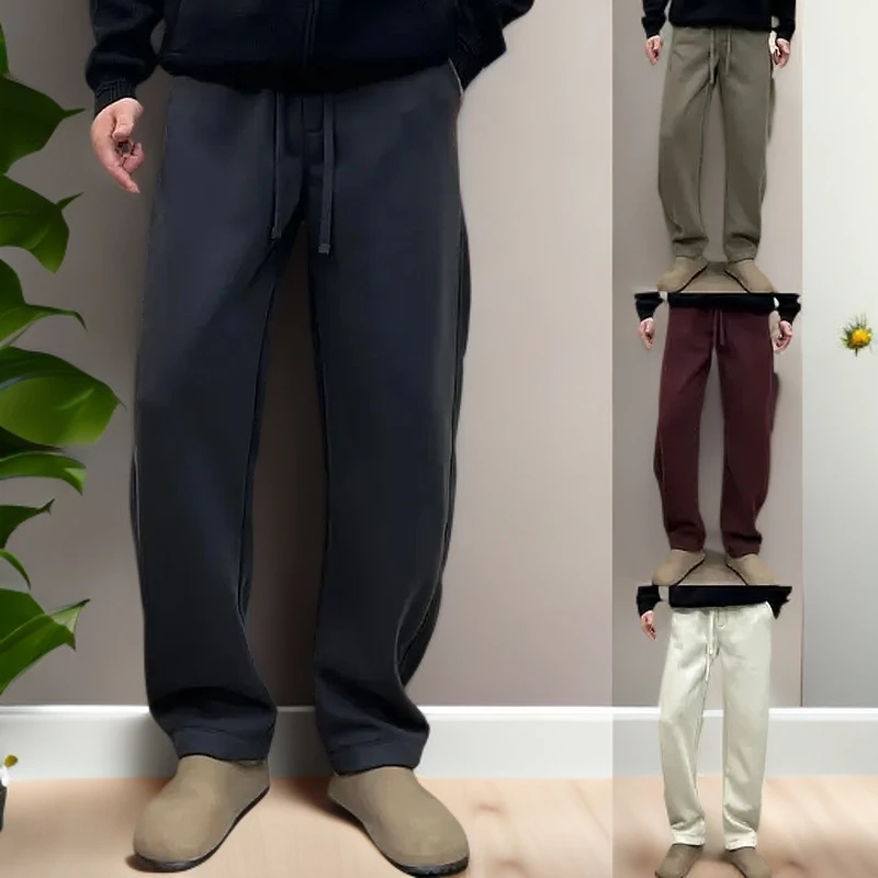 简约男士纯色休闲裤秋冬加绒加厚直筒显高街瘦系绳宽松潮流长裤男