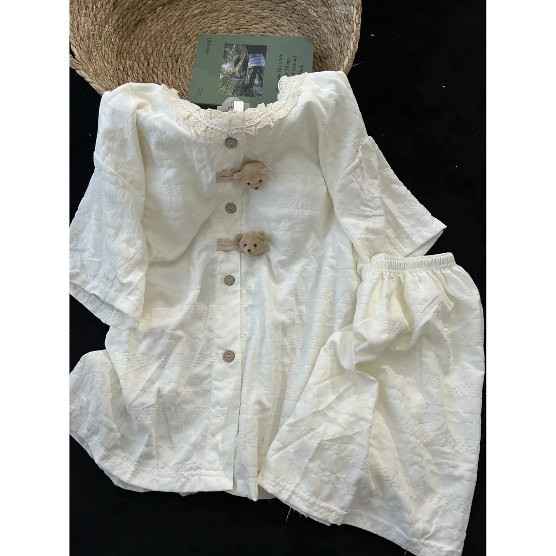 ins风甜美可爱纯色短袖带胸垫睡衣女夏季新款蕾丝边套装家居服夏